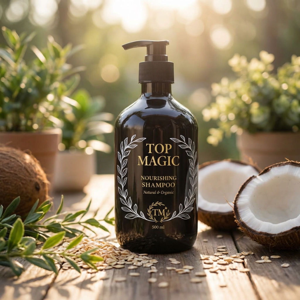 Top Magic nourishing shampoo bottle on a wooden surface with coconuts and plants in the background